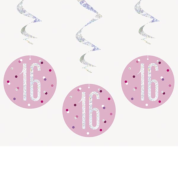 (image for) Pink & Silver Glitz 16th Birthday Hanging Swirl Decorations
