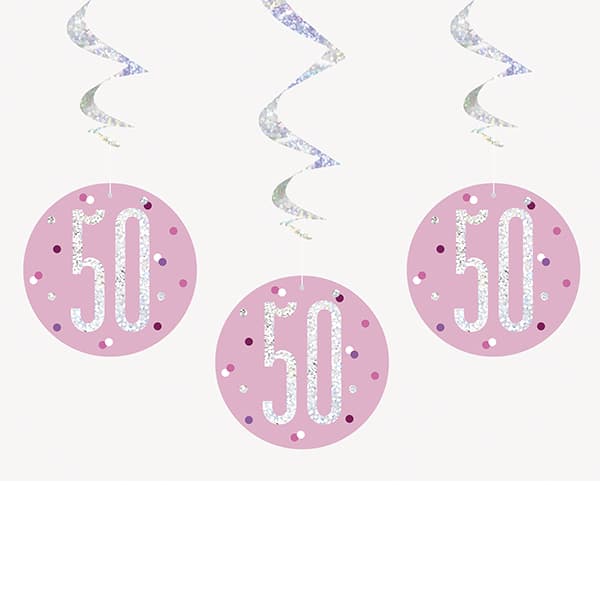 (image for) Pink & Silver Glitz 50th Birthday Hanging Swirl Decorations