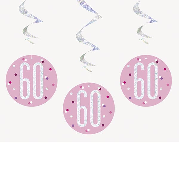 (image for) Pink & Silver Glitz 60th Birthday Hanging Swirl Decorations
