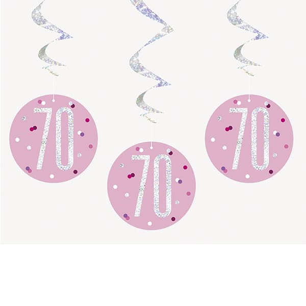 Pink & Silver Glitz 70th Birthday Hanging Swirl Decorations