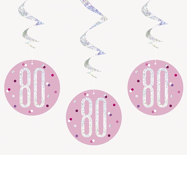 (image for) Pink & Silver Glitz 80th Birthday Hanging Swirl Decorations