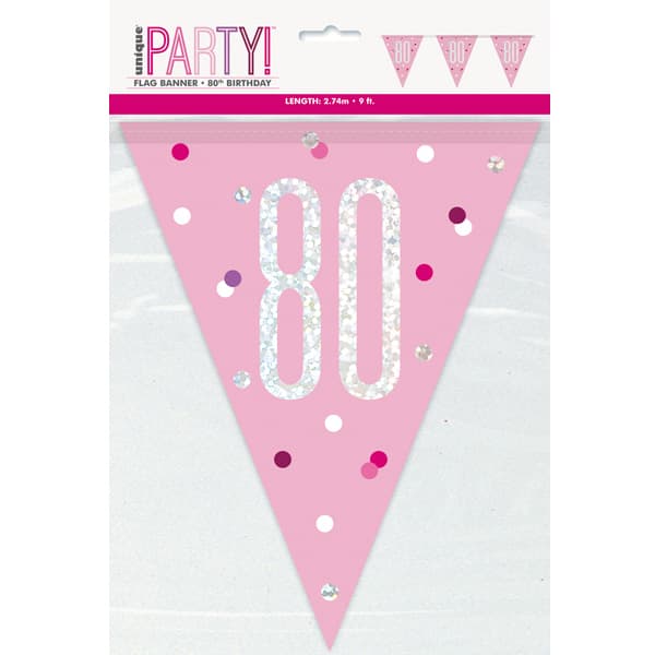 (image for) Pink & Silver Glitz Age 80 Flag Banner