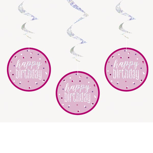 (image for) Pink & Silver Glitz Happy Birthday Hanging Swirl Decorations