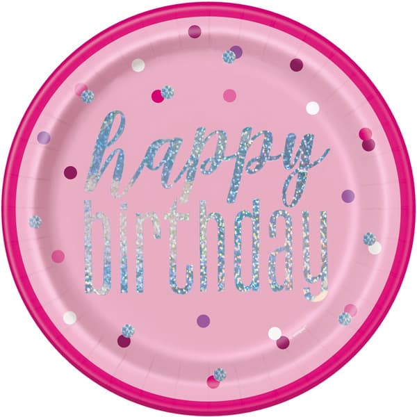 (image for) Happy Birthday Pink & Silver Glitz Paper Plates 8pk