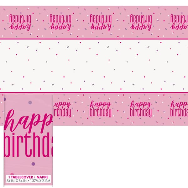 Happy Birthday Pink & Silver Glitz Plastic Tablecover