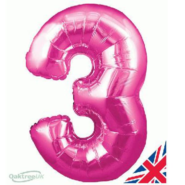 34" Oaktree Pink Number 3 Shape Balloons