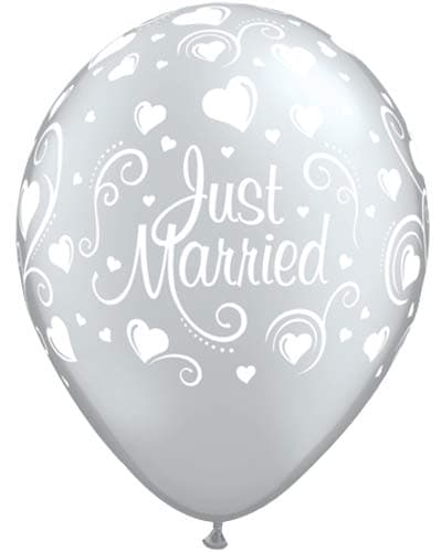 (image for) 11" Silver Just Married Hearts Latex Balloons 25pk