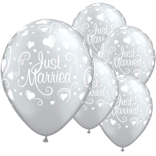 (image for) 11" Just Married Silver Hearts Latex Balloons 6pk
