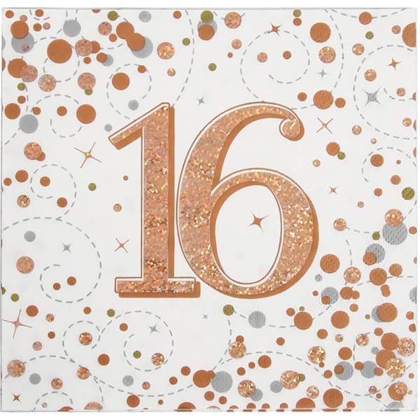 Sparkling Fizz Rose Gold 16th Lunch Napkins 16pk