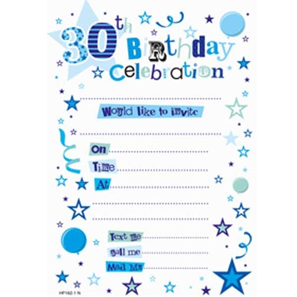 Blue 30th Birthday Celebration Party Invitations 20pk
