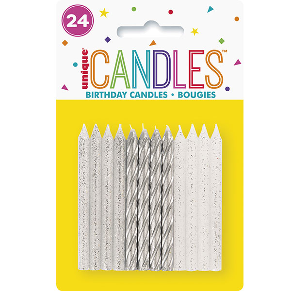 Silver & White Mix Party Candles 24pk