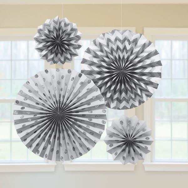 (image for) Silver Glitter Paper Fans 4pk