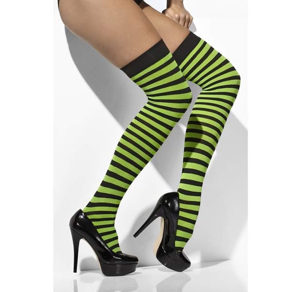 Green And Black Striped Thigh High Stockings