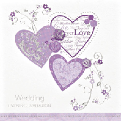 (image for) Lilac Hearts Wedding Evening Invitation Cards 6pk