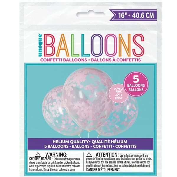 (image for) 16" Clear Latex Balloons With Pink Heart Confetti 5pk