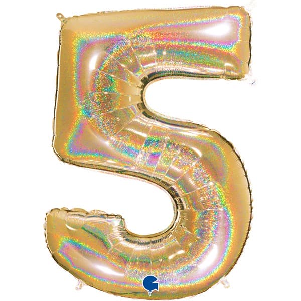 40" Grabo Gold Holographic Glitter Number 5 Shape Balloons