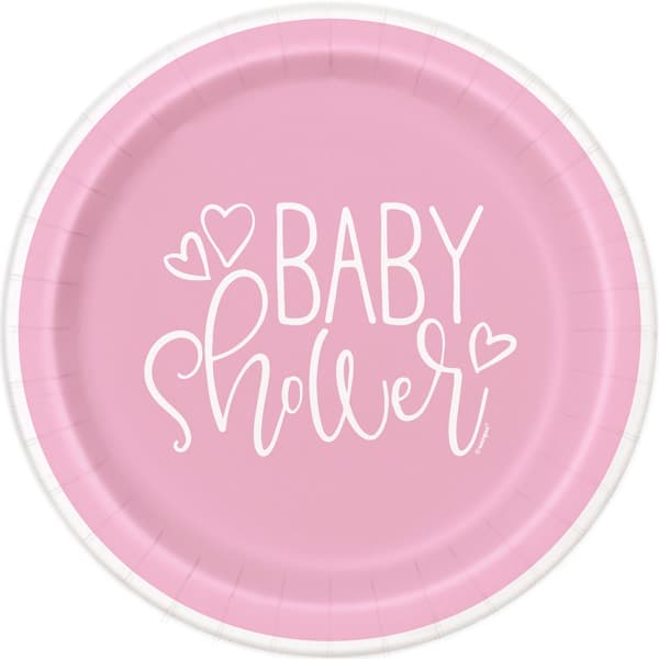 (image for) Pink Baby Shower Hearts Paper Plates 8pk